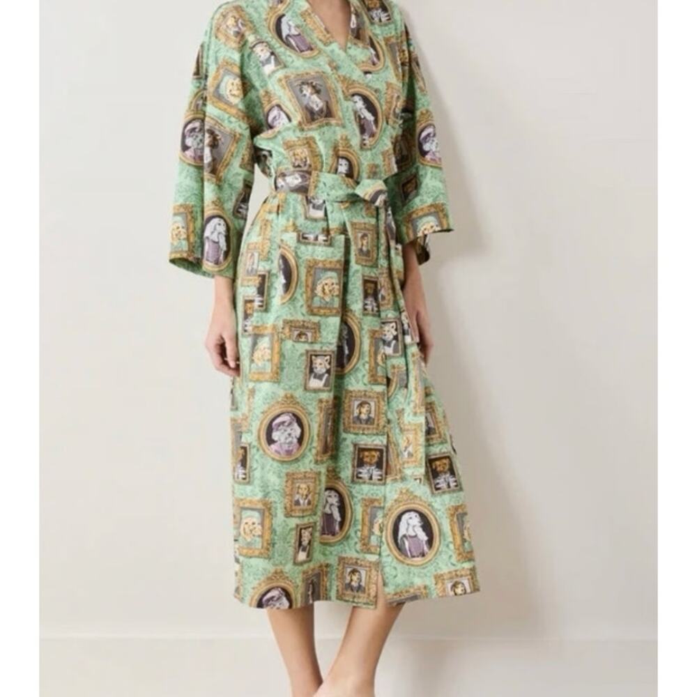 Printfresh Robe L/XL Organic Cotton Dog Print Kimono Green Belted Lounge - Picture 13 of 13